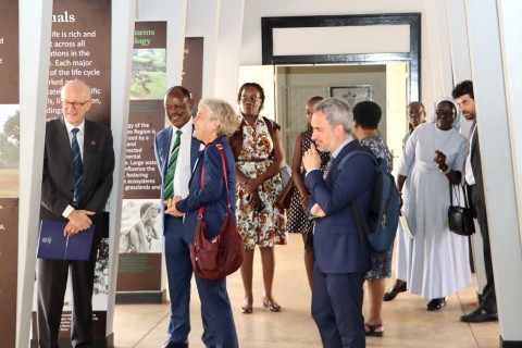 At exhibition site on 16th May 2025. L-R: Amb. Mauro Massoni, Prof. Barnabas Nawangwe, Prof. Cecilia Pennacini, Prof. Alessandro Gusman, Prof. Dominic Dipio (2nd R) and other officials. Makerere University, in collaboration with University of Turin and Italian Embassy in Kampala, four decades of academic and cultural partnership with a landmark photographic exhibition "Connecting Cultures: The Italian Ethnological Mission in the Great Lakes Region" 16th May 2025, Arts Quadrangle, CHUSS, East Africa.