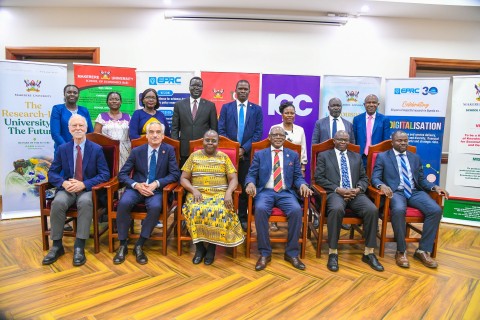 Seated Left to Right: Dr. Richard Newfarmer, Dr. Jonathan Leape, Dr. Sarah Sewanyana, Prof. Barnabas Nawangwe, Prof. Ibrahim Mike Okumu and Prof. James Wokadala with other officials (Standing) after the MoU signing on 27th August 2025.