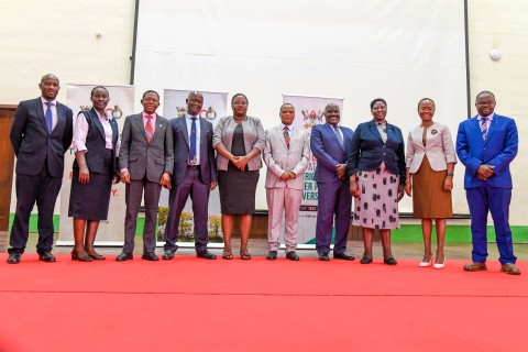 The Chair of the Search Committee, Prof. Fred Masagazi Masaazi (4th Right) with members of the Search Committee for the Position of First Deputy Vice Chancellor and the candidate-Prof. Sarah Ssali (2nd Right). Public presentation by Prof. Sarah Ssali, candidate vying for the position of First Deputy Vice Chancellor (DVC) for Academic Affairs, under the theme “Strengthening the Teaching–Research Nexus to Deliver High-Quality Graduates for Africa’s Transformation”, 25th August 2025, Main Hall, Main Building, 