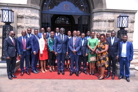 Prof. Barnabas Nawangwe (6th Right) and Mr. Samuel Mwogeza (6th Left) with members of their respective teams after the meeting on 26th August 2025. Makerere University hosts delegation from Stanbic Bank to strengthen their longstanding relationship and explore future collaborations, 26th August 2025, Kampala Uganda, East Africa.