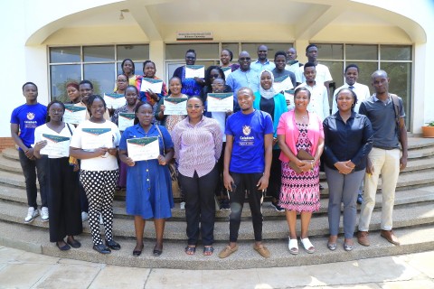 Some of the processors who participated in the training with the Dean of the SFTNB, Dr. Julia Kigozi (3rd R) and the team from the Department of Food Techology and Nutrition at CAES, led by Dr Robert Mugabi. Department of Food Technology and Nutrition (DFTN) school-based nutrition awareness campaigns, diagnostic pre-visits to local food processors, and an intensive two-day hands-on training workshop held from 8th–9th September 2025 at the School of Food Technology, Nutrition, and Bioengineering (SFTNB)
