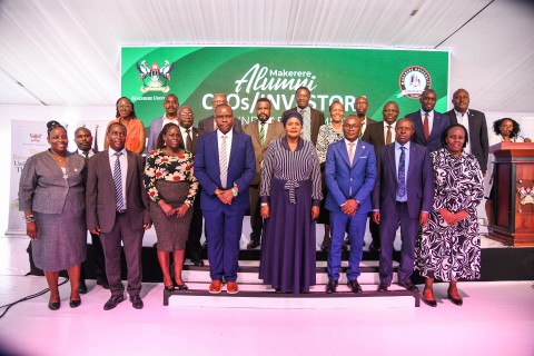 Rt. Hon. Rukia Nakadama Isanga (4th Right), Hon. Balaam Barugahara (4th Left), Prof. Barnabas Nawangwe (Rear: 3rd Left), and Mr. George Turyamureeba (3rd Right) with Members of Management and stakeholders at the First Ever Alumni CEOs Summit on 2nd September 2025. Makerere University Convocation (MUC) first-ever CEOs/Investors’ Round Table Summit, 2nd September 2025, Convocation House, Edge Road, Kampala Uganda, East Africa.