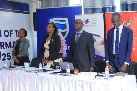 Left to Right: Prof. Sarah Ssali, Mrs. Lorna Magara, Dr. Michael Kizito and Mr. Mark Lotukei at the presentation of MURBS FY2024/2025 performance on 21st October 2025. Makerere University Retirement Benefit Scheme (MURBS) presents performance of Financial Year 2024/2025 to the sponsor, the University Council and other stakeholders, 21st October 2025, Telepresence Centre, Senate building, Kampala Uganda, East Africa.