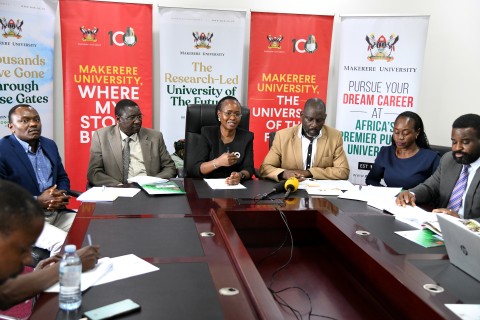 Prof. Sarah Ssali (3rd Left) with Left to Right: Mr. Matthias Ssemanda, Dr. Cyprian Misinde, Prof. Julius Kikooma, Dr. Winifred Kabumbuli, and Prof. Robert Wamala during the press briefing held on 16th October 2025. Vice Chancellor's Boardroom, Main Building, Makerere University, Kampala Uganda, East Africa.