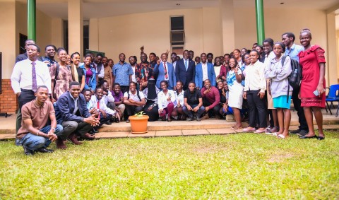 Prof. Barnabas Nawangwe with Mr. Yusuf Kiranda, Mr. Evarist Bainomugisha and officials pose for a group photo with student entrepreneurs on 12th November 2025. School of Food Technology, Nutrition and Bio-Engineering (SFTNB), in partnership with the Makerere Innovation and Incubation Center (MIIC), third edition of Entrepreneurship Exhibition on 12th November 2025, College of Agricultural and Environmental Sciences (CAES), Makerere University, Kampala Uganda, East Africa.