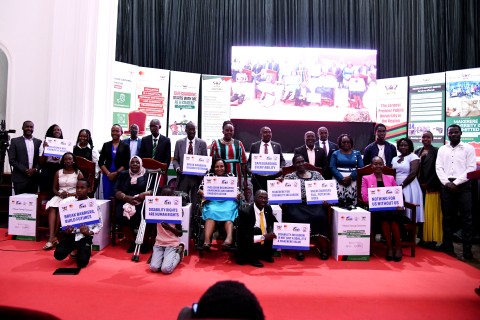 Stakeholders pose for a group photo at the International Day of Persons With Disabilities celebration held in the Main Hall on 1st December 2025. Makerere University International Day of Persons with Disabilities Celebration, a moment dedicated to reflection on inclusion and shared responsibility organised by the Dean of Students and 91st Guild Ministry of Students with Disabilities, 1st December 2025, Main Hall, Kampala Uganda, East Africa.